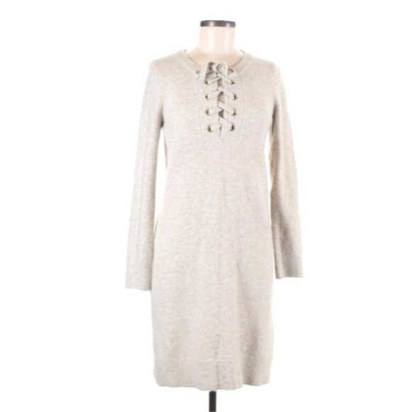 Lace-Up Knit Sweater Dress M Wool Shift Long Sleeve Beige Cozy Ribbed Hem Detail - Picture 2 of 10